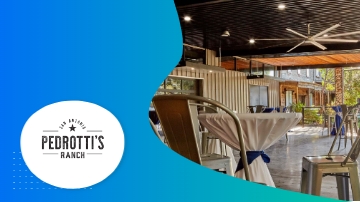 Pedrotti's Ranch restaurant with tables, chairs, and a blue-white color scheme.