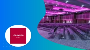 Leonardo Hotel interior with rows of chairs and purple lighting, and a logo in the foreground.