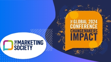 The Marketing Society banner with Global 2024 Conference Changemakers Impact text on blue and yellow background.