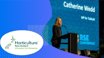 Catherine Wedd, MP for Tukituki, speaking at a podium at the Horticulture New Zealand conference.