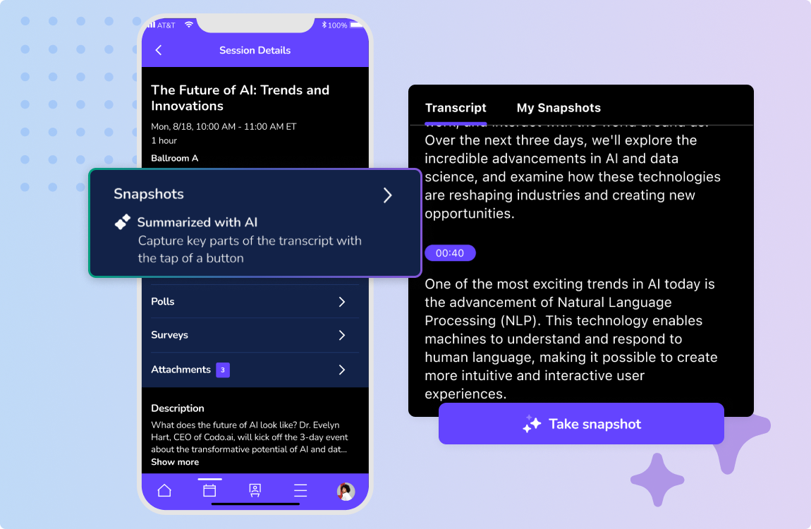 Screenshots of Live transcript and snapshots