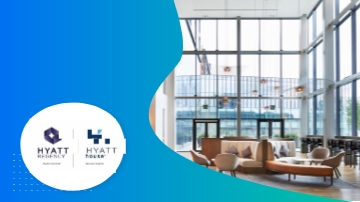 Hyatt Regency logo and photo of a lobby with glass walls