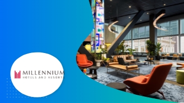 blue card with Millennium Hotels logo and picture of a hotel lobby