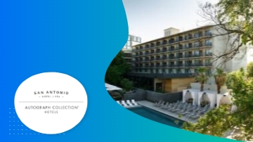 logo for Plaza San Antonio and exterior of hotel