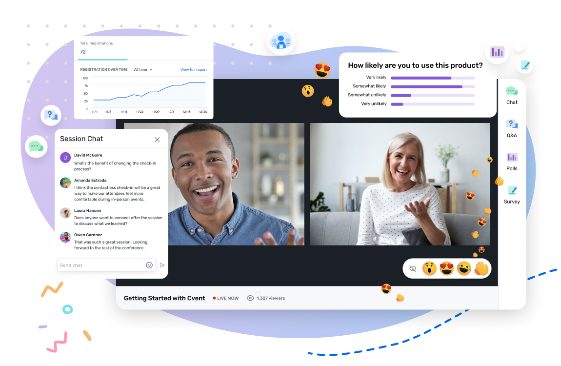A digital interface showing a virtual event platform with two people engaged in a video call. The screen displays interactive features such as a session chat with multiple participants, live polling results, registration statistics, and various engagement icons like emojis. Sidebar icons indicate options for chat, Q&A, polls, and surveys, highlighting the platform's comprehensive webinar and audience engagement tools.