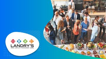 logo for Landrys and people at a buffet table