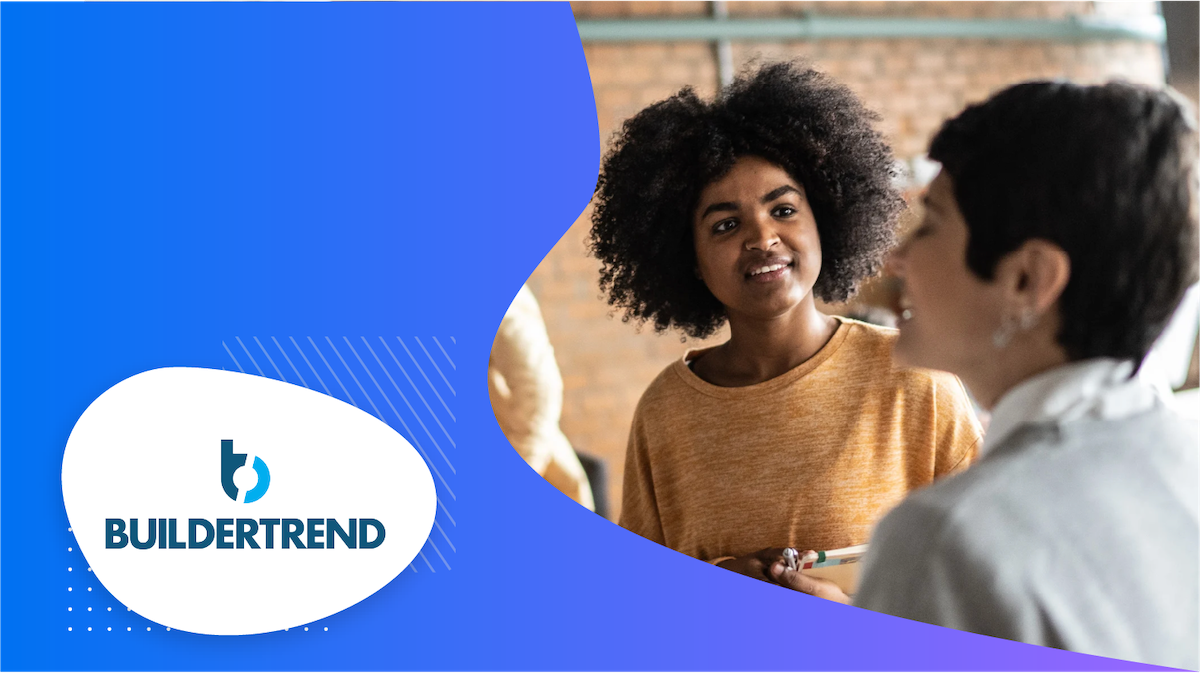 Buildertrend logo and two women speaking at a small event