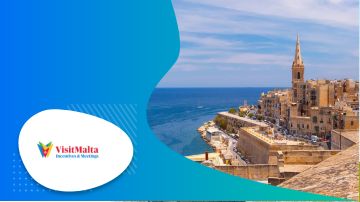 visit malta logo and image of castle by the ocean