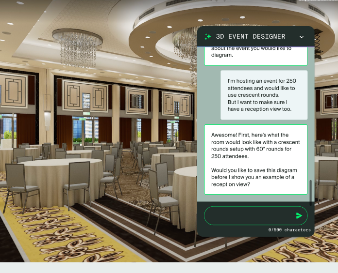 3D ballroom rendering with crescent-round seating for 250 attendees, shown updating live as the user chats with the 3D Event Designer to request that exact layout.