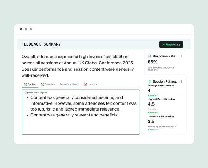 Event reporting dashboard showing an AI-generated feedback summary with response rate and session rating stats alongside a content sentiment breakdown.