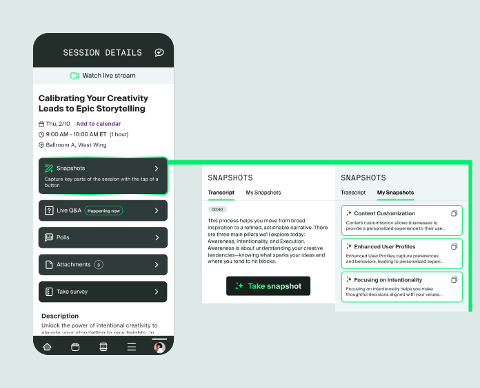 Mobile event app session screen with a "Snapshots" feature highlighted, alongside expanded views of the transcript and saved snapshots for capturing key session moments.