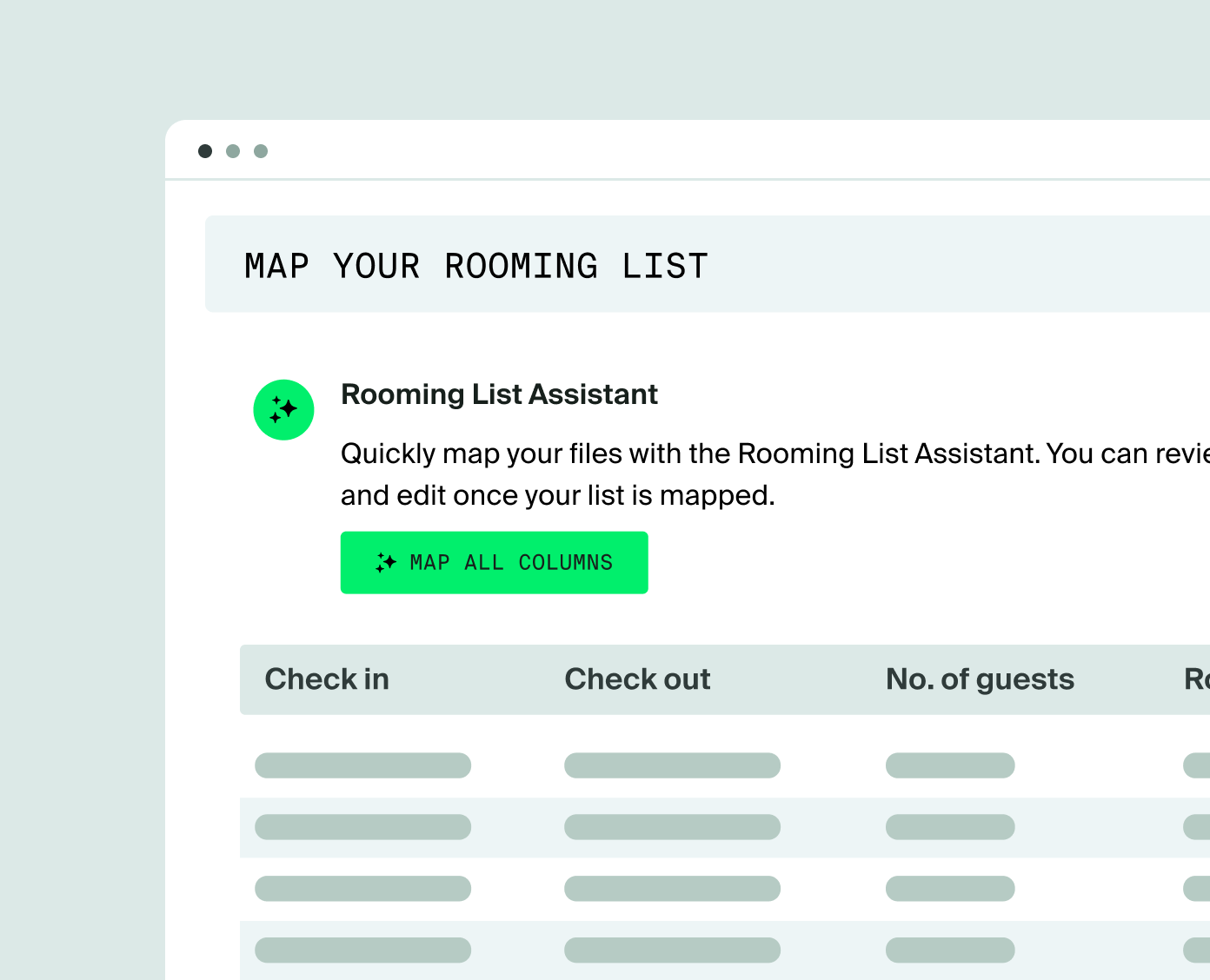 Passkey Rooming List Assistant automatically mapping uploaded rooming list columns including check-in, check-out, and number of guests.