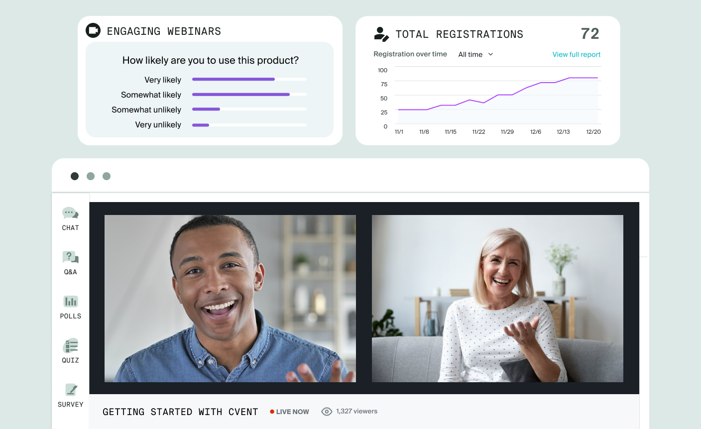 Webinar poll results next to a registration chart and live video feed.