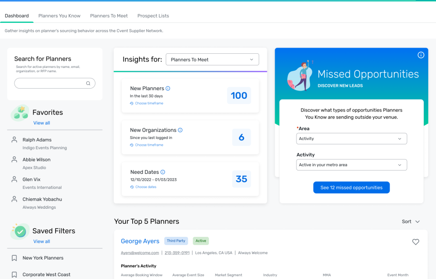 Planner Navigator homepage with a list of top 5 planners and insights for planners to meet, new organizations, and need dates.