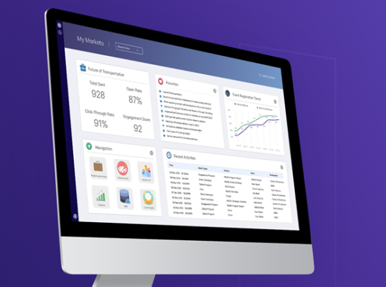 Marketo logo on a computer screen with data and graphs displayed on the screen.