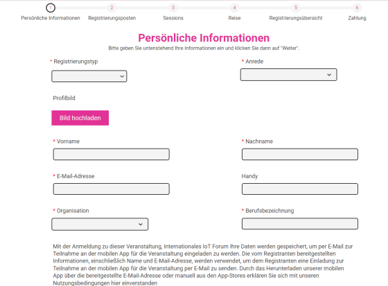Registration page for the International IoT Forum with fields for personal information and registration details.