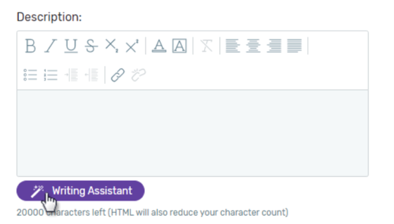 A screenshot of the description section of a webpage, highlighting the "Writing Assistant" option.
