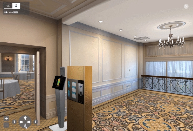 Interior view of a 3D visualization of a lobby with a hand sanitizer station and carpet.