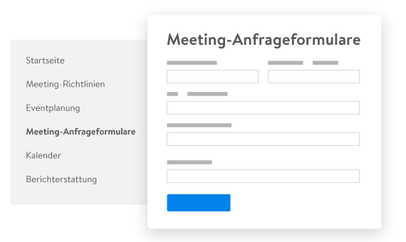 Meeting-Anfrageformularare page showing the start page, meeting guidelines, event planning, calendar, and reporting.