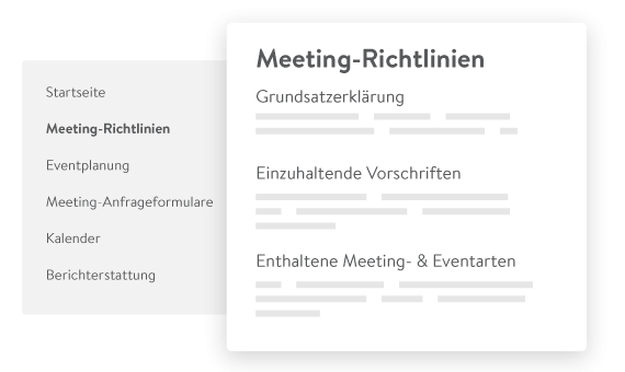 Meeting-Richtlinien for Meeting-Richtlinien, Eventplanung, Meeting-Anfrageformulare, Kalender, Berichterstattung, Grundsatzerklärung, Einzuhaltende Vorschriften, and enthaltene Meeting- & Eventarten.