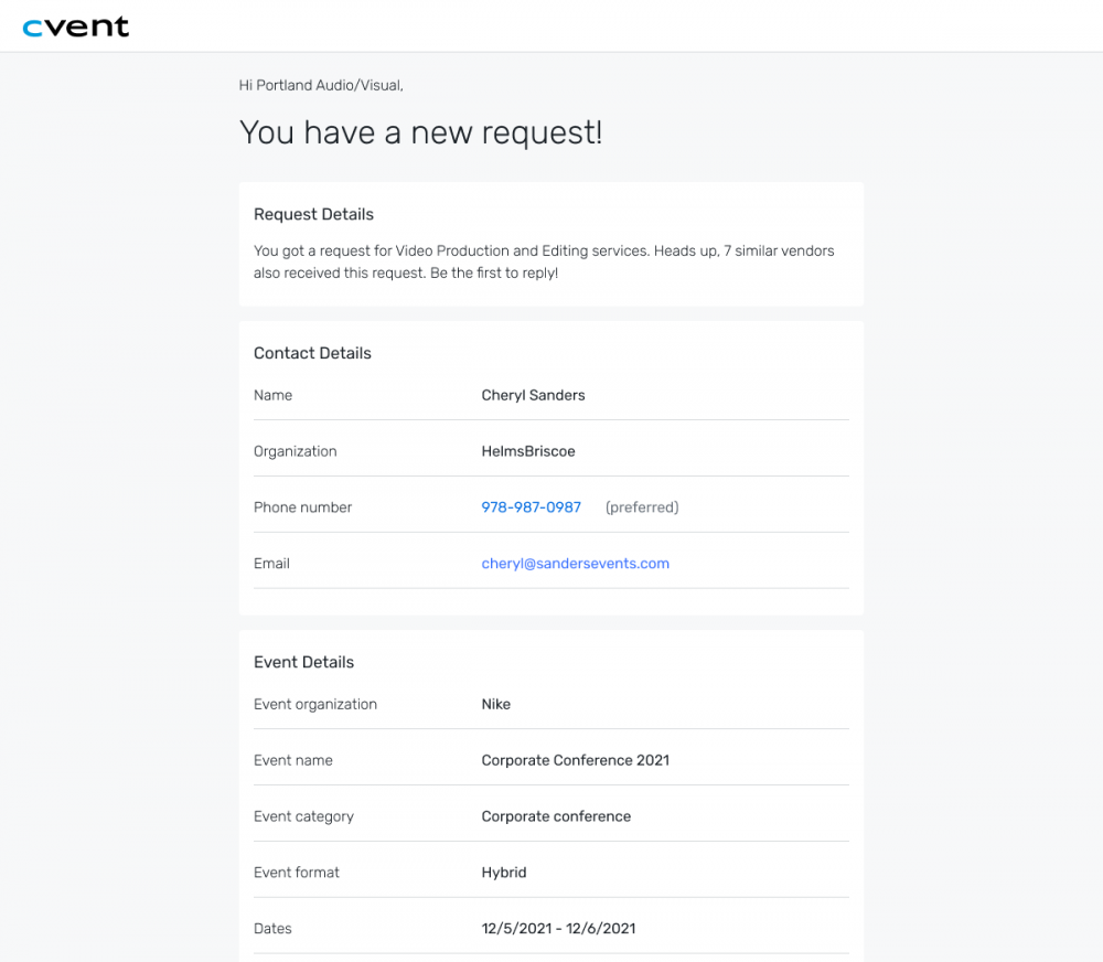 Win business with a new request for Video Production and Editing services from Portland Audio/Visual.