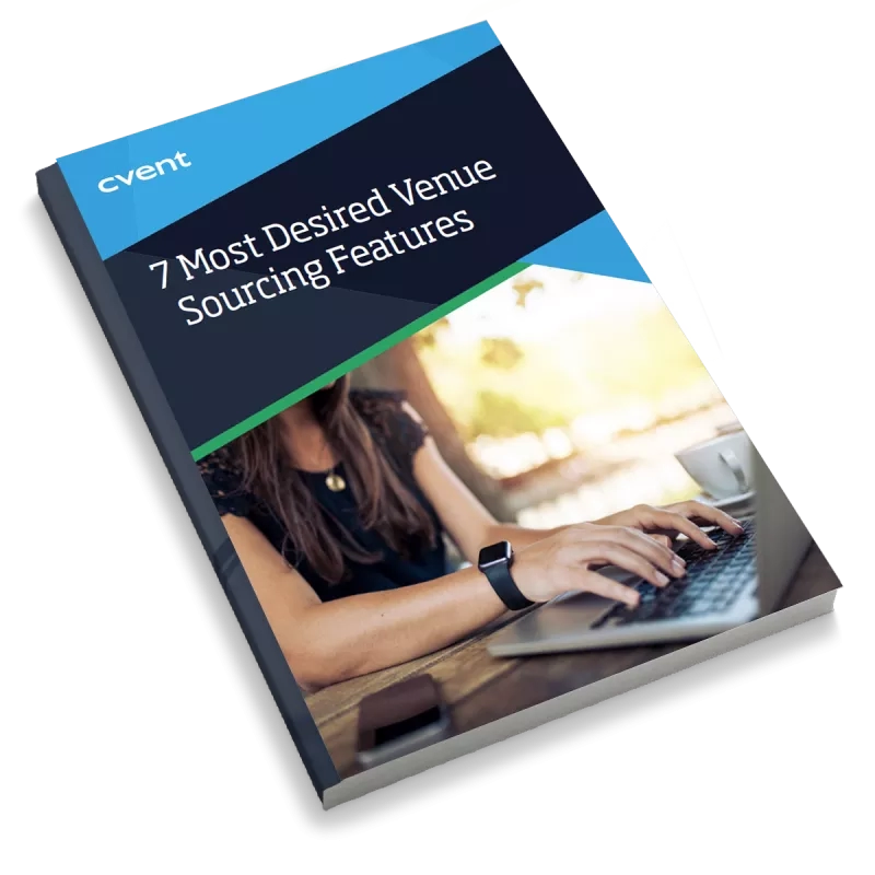 Cvent Venue Sourcing eBook with a cover image of a woman typing on a laptop.