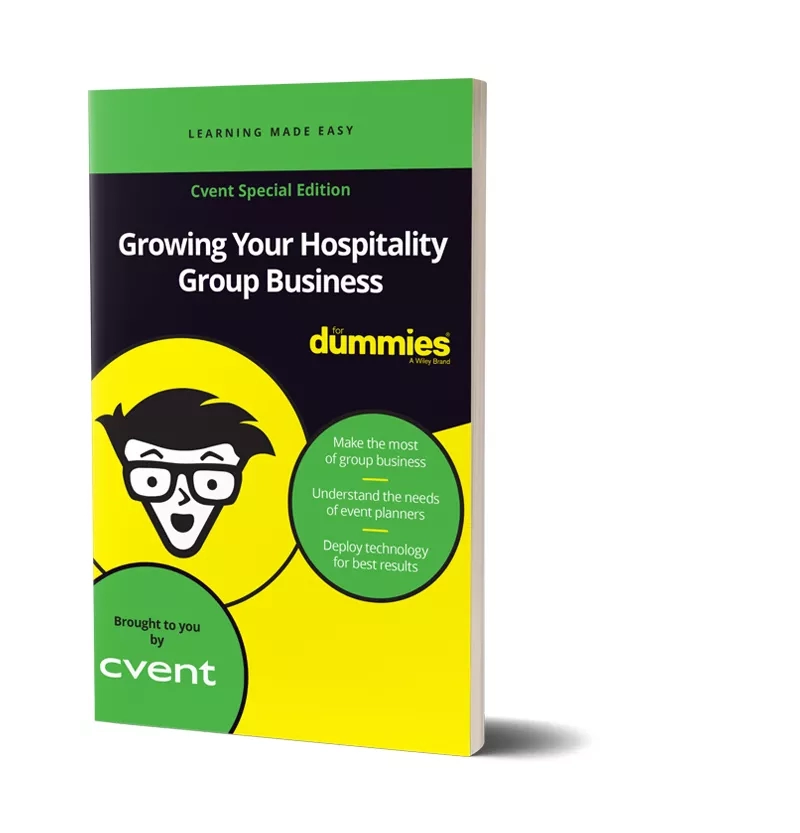 Dummies book mockup cover for Cvent's Growing Your Hospitality Group Business eBook.