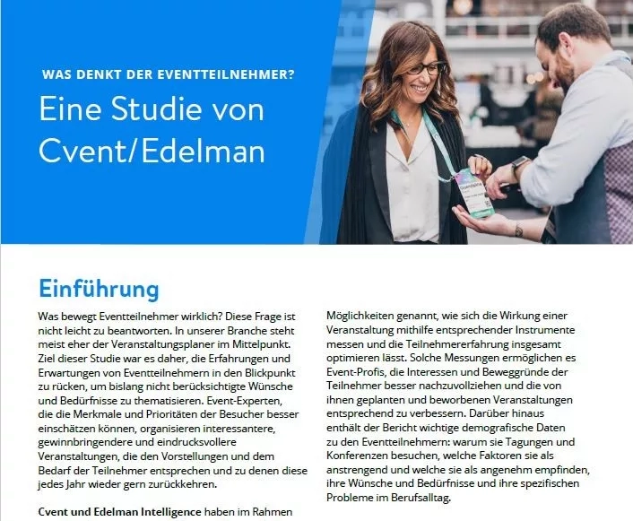 A study on event attendees by Cvent and Edelman with a man and woman in a blurred background.