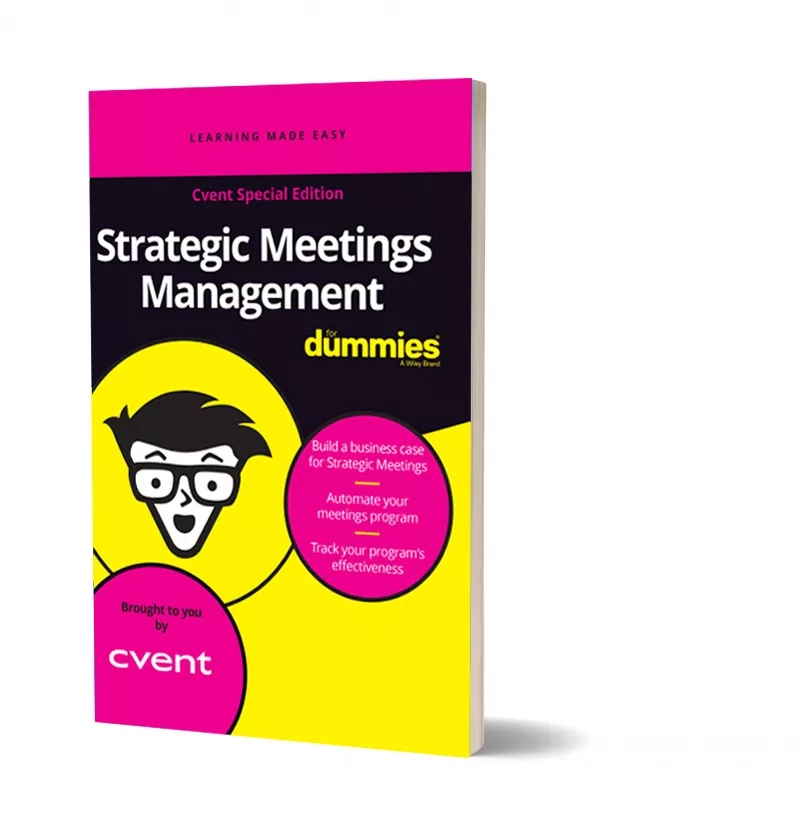 Strategic Meetings Management for Dummies book cover with a picture of a man with glasses.