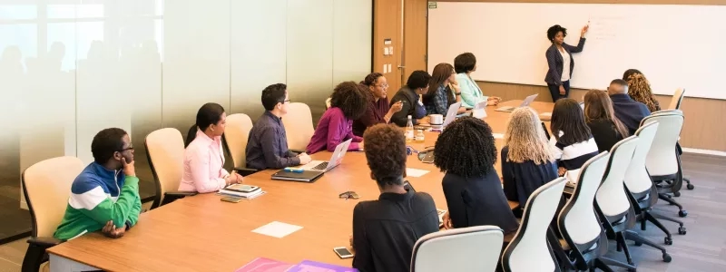 People sitting around a conference table with a woman standing in front of a whiteboard at the end.