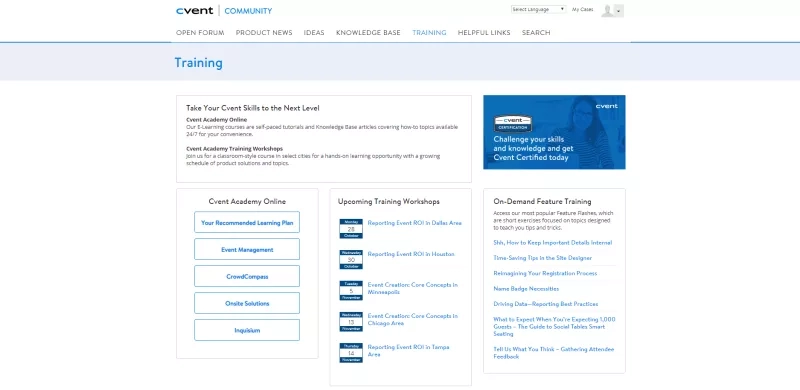 Training page on the Cvent Community website with links to e-learning and live training opportunities.