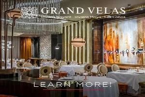 Grand Velas Riviera Maya restaurant with "learn more!" text in front.