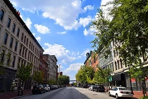 A city street with trees and buildings on both sides, and cars parked on the side.