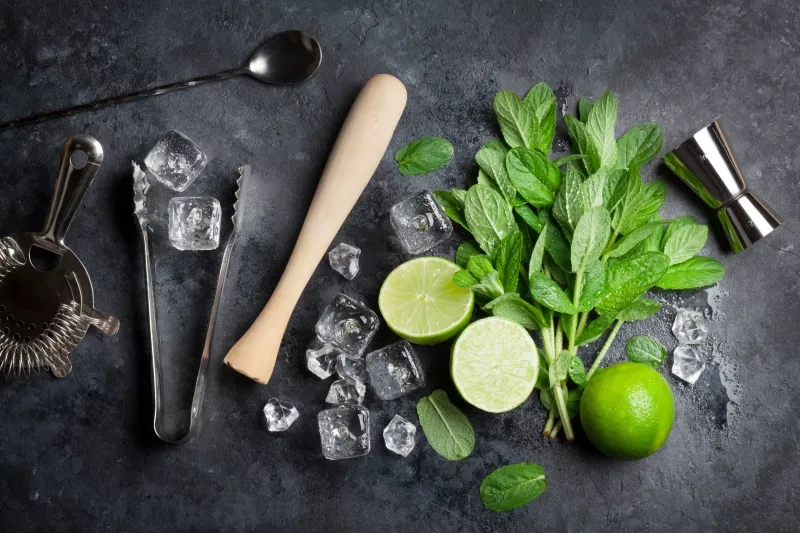 Overhead shot of mojito ingredients including mint, lime, ice, and bar tools on a dark background.