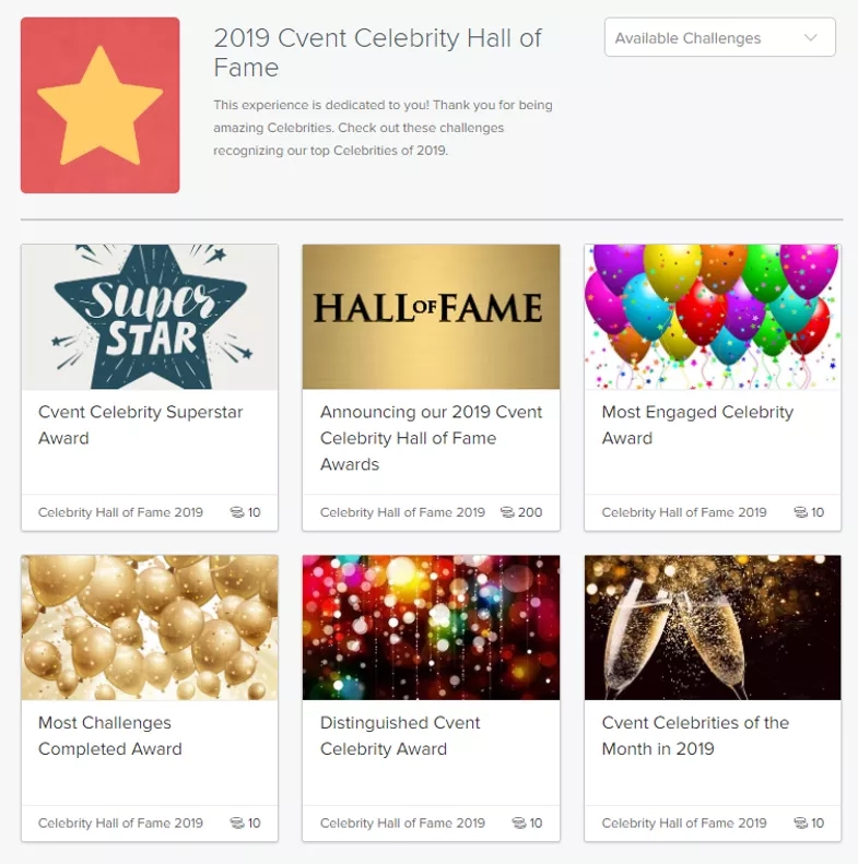 2019 Cvent Celebrity Hall of Fame awards, featuring the Cvent Superstar, Cvent Distinguished, and Cvent Engaged Awards.