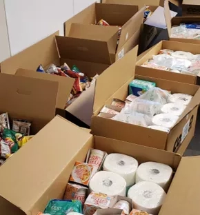Several cardboard boxes are filled with various food items and toilet paper rolls.