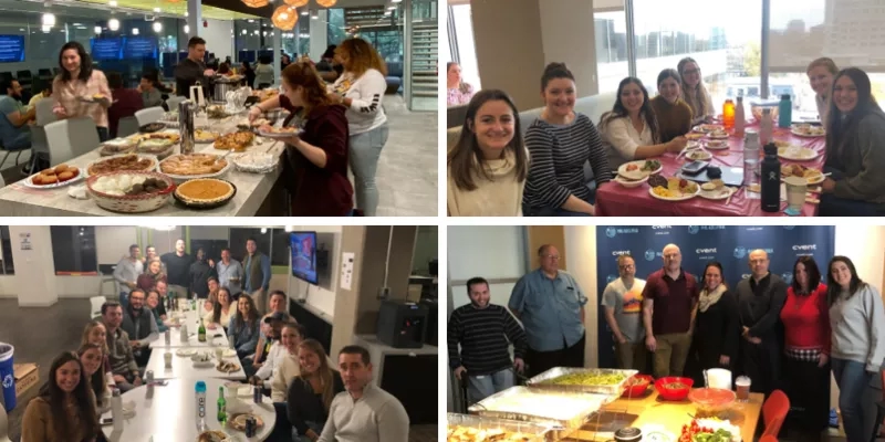Collage of images showing employees eating at Thanksgiving potluck at the office.