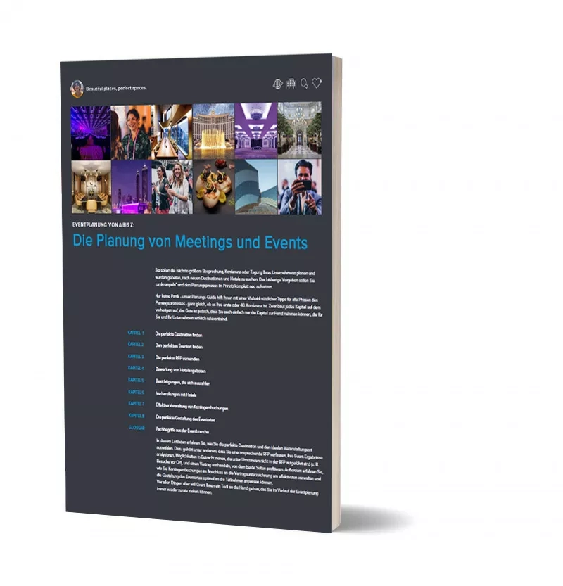 Cover page of the ebook about event planning with meetings and events in beautiful places and perfect spaces.