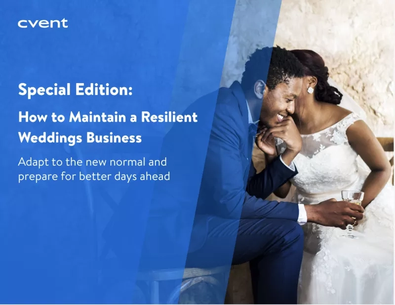 A wedding couple on a poster titled, "How to Maintain a Resilient Weddings Business."