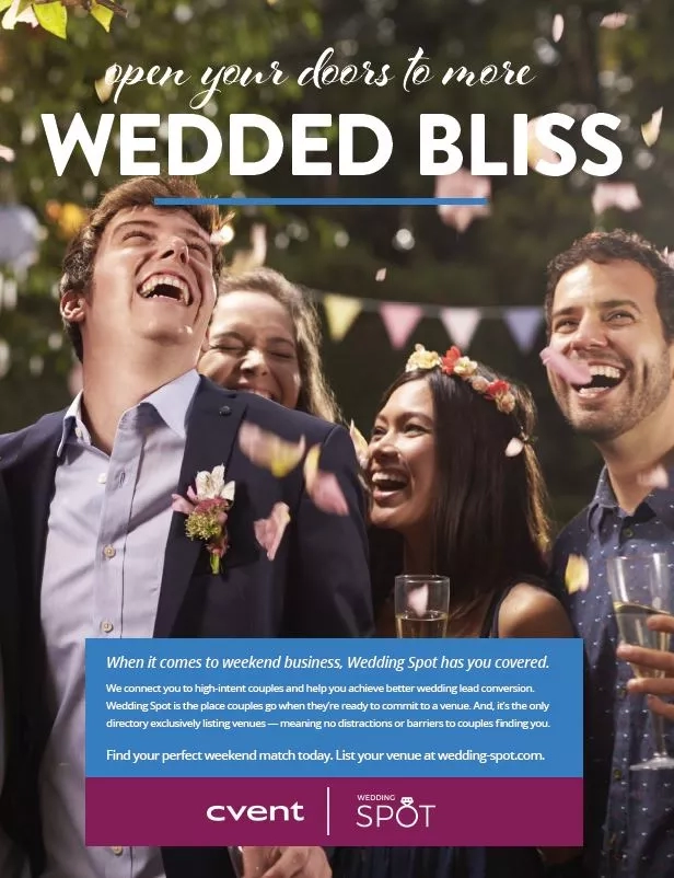 Wedding Spot advertisement showing a group of people at an event with confetti and flowers.