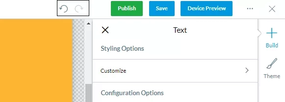 Publish, save, and device preview menu and styling and configuration options with text object selected in Theme Builder.