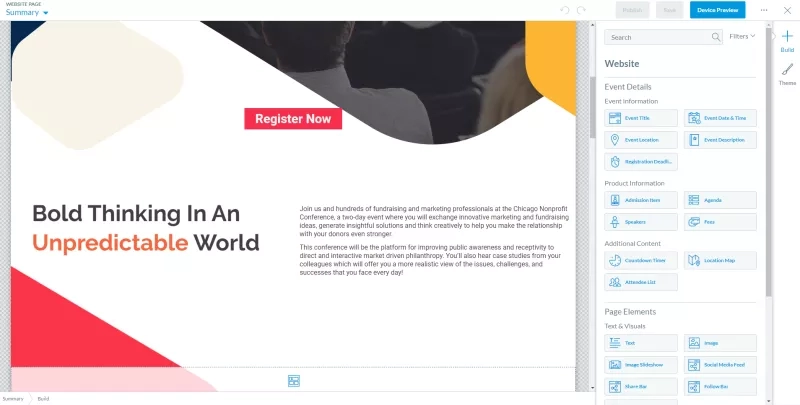A website page editor with text, architecture, landscaping, and ambiance, as well as other components.