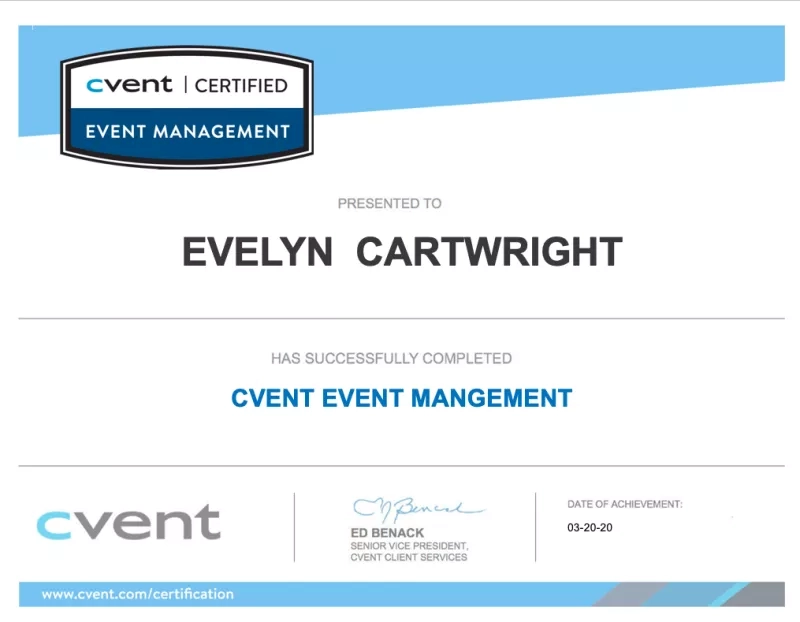 Cvent certification event management certificate of completion for Evelyn Cartwright on March 20, 2020.