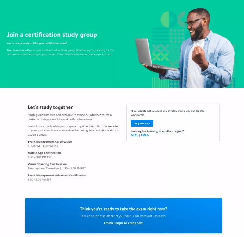 Man smiling with laptop on lap and text that reads Join a certification study group.