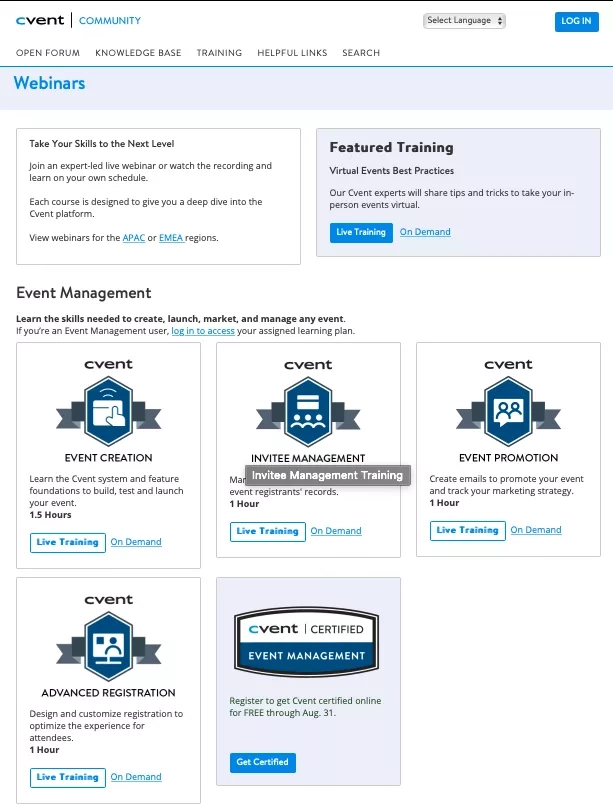 Event Management Training: Invitee Management Training, Event Creation, Event Promotion, Advanced Registration, and Event Management Certification.