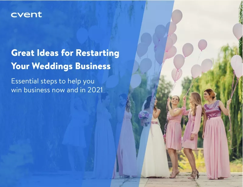 Women holding balloons and text that reads "Great ideas for restarting your weddings business" in the background.
