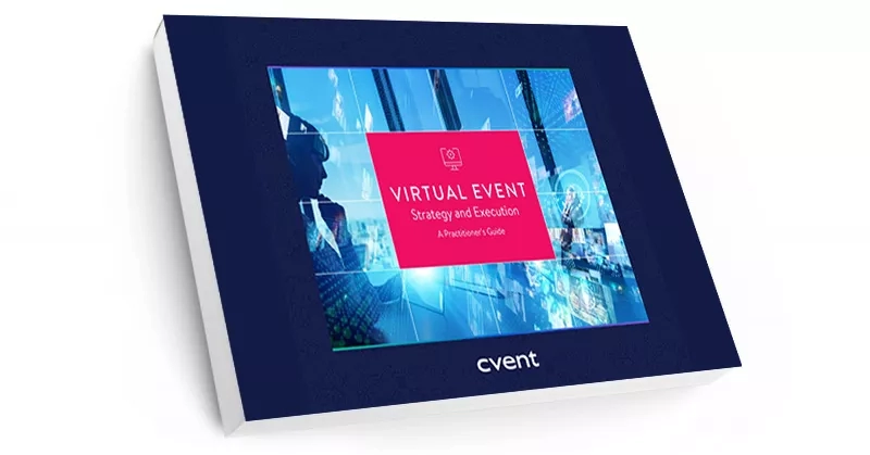 Virtual event strategy and execution: a practitioner's guide, a blue square book with a silhouette of a person.