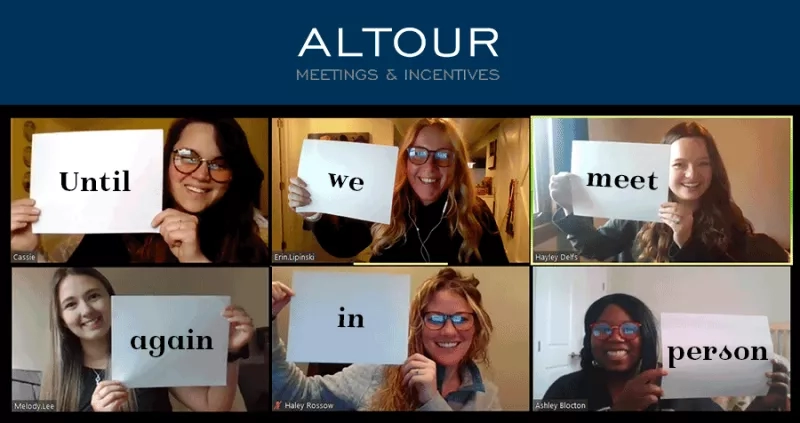 Six members of the AltTour event technology team holding signs that spell out "Until we meet again in person."