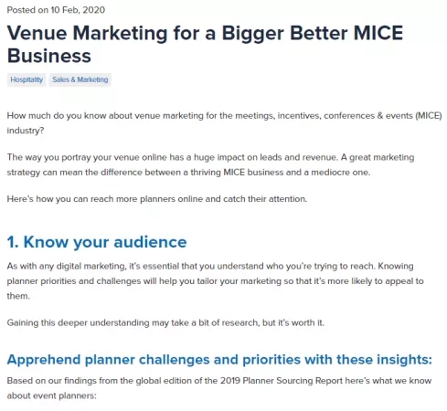 Screenshot of an article about venue marketing for a bigger and better MICE business.