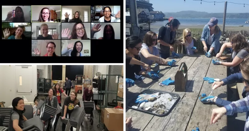 Collage of photos of people, including women shucking oysters and others in a Zoom meeting.